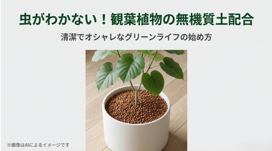 無機質の土（ハイドロボールや赤玉土）に植えられた観葉植物の鉢植えと、記事タイトルがデザインされたアイキャッチ画像