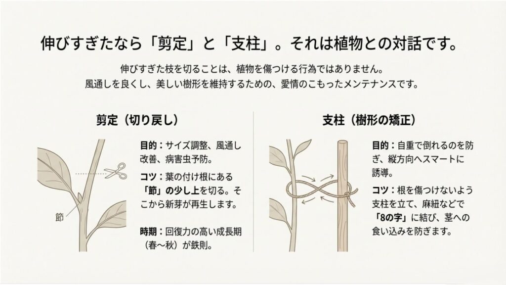 節の上でカットする剪定の図解と、8の字結びで茎を傷つけずに支柱へ固定する方法のイラスト