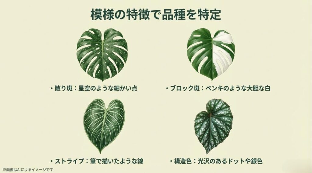 散り斑、ブロック斑、ストライプ、ドット状の構造色といった、4種類の代表的な葉の模様を比較した図鑑スライド