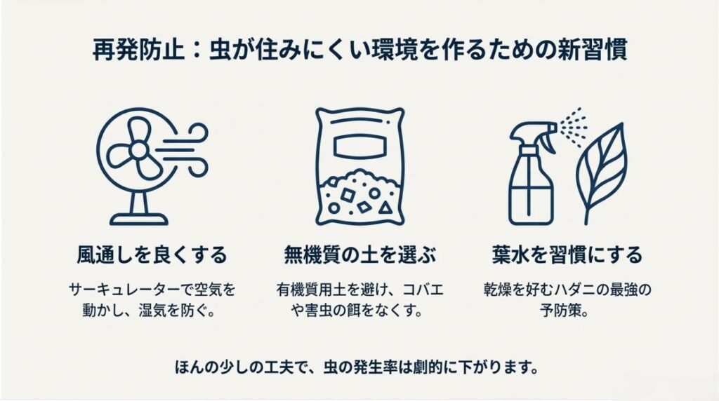 サーキュレーターでの通気、無機質の土の使用、毎日の葉水習慣を示すアイコンと、虫の発生率を下げるための解説