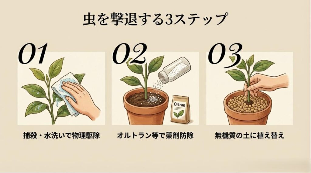 虫を見つけたらまず物理的に駆除し、オルトラン等で防除、最後に無機質の土へ植え替えるという完全攻略のステップ