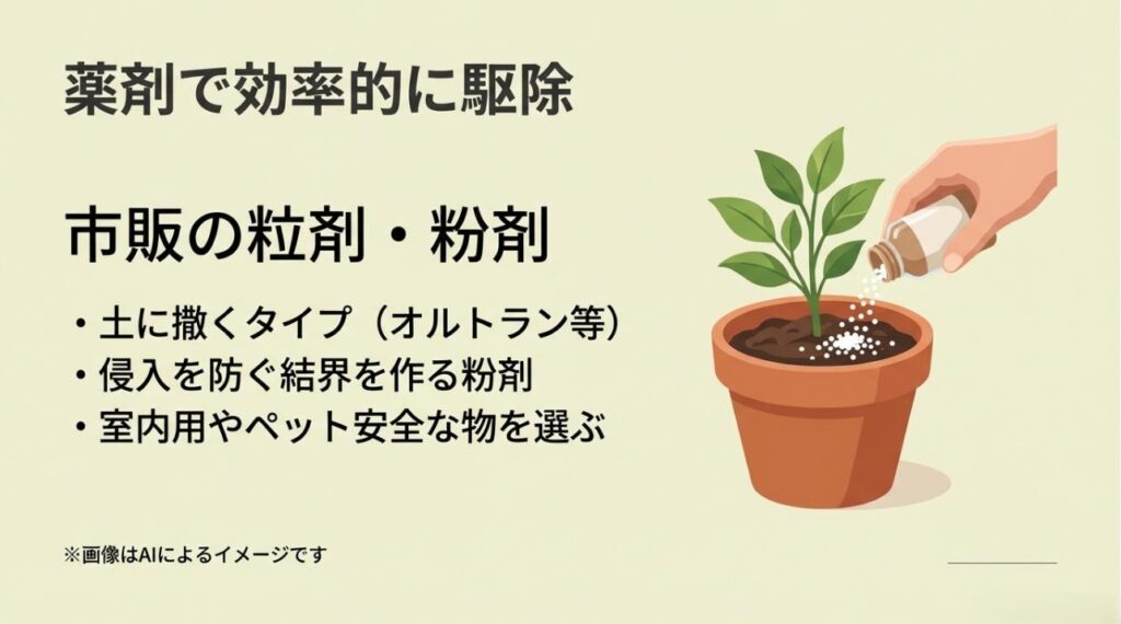 鉢植えの土に粒剤を撒くイラストと、オルトラン等の土に撒くタイプや侵入防止剤の解説