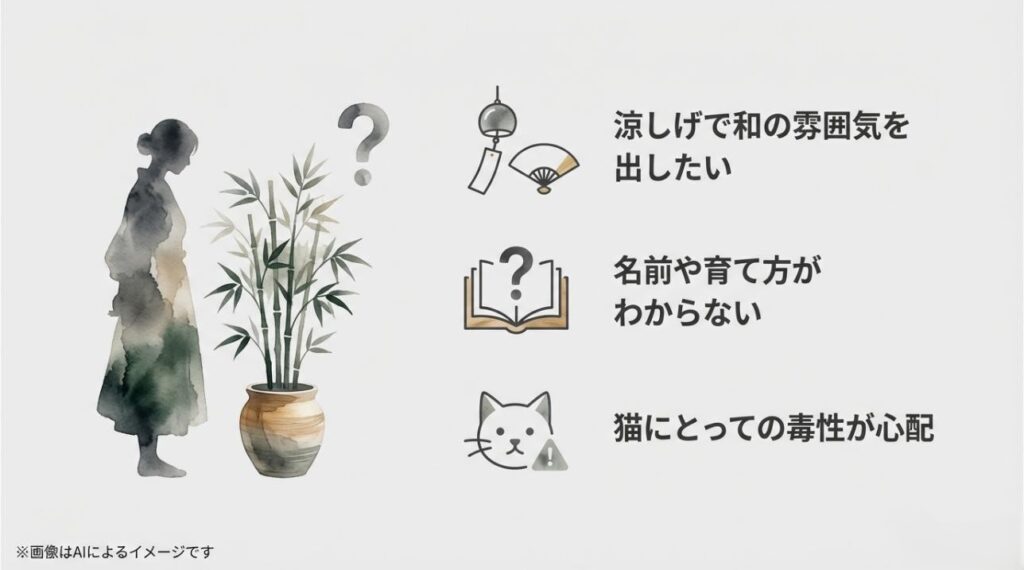 涼しげな和の雰囲気を出したいけれど、名前や育て方、猫への毒性が不安な人の悩みを視覚化したスライド