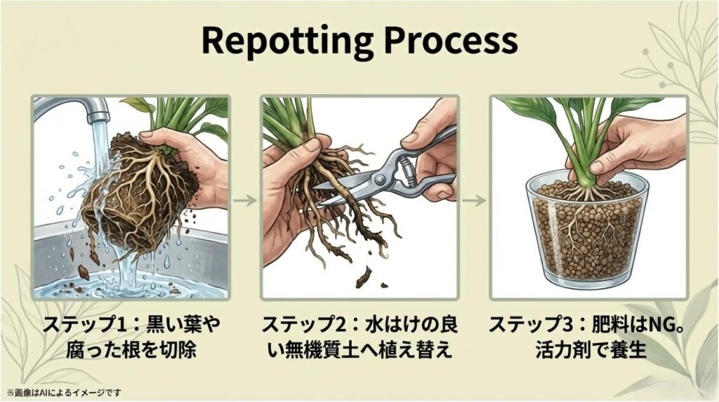 腐った根の切除、無機質土への植え替え、活力剤での養生という復活までの手順を解説したイラスト