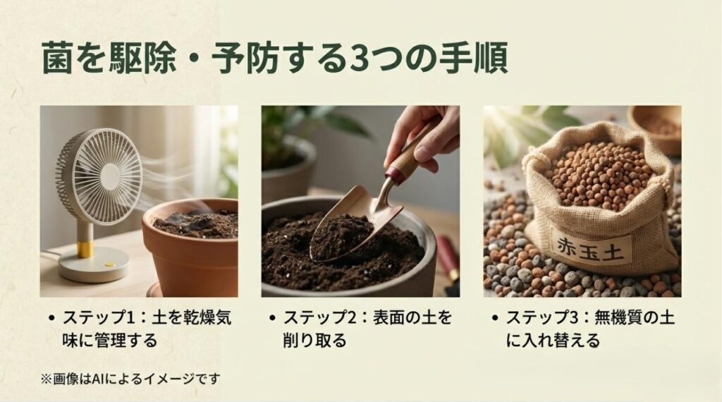 サーキュレーターでの乾燥、表土の削り取り、赤玉土への入れ替えという3つの具体的な対策手順を示した画像