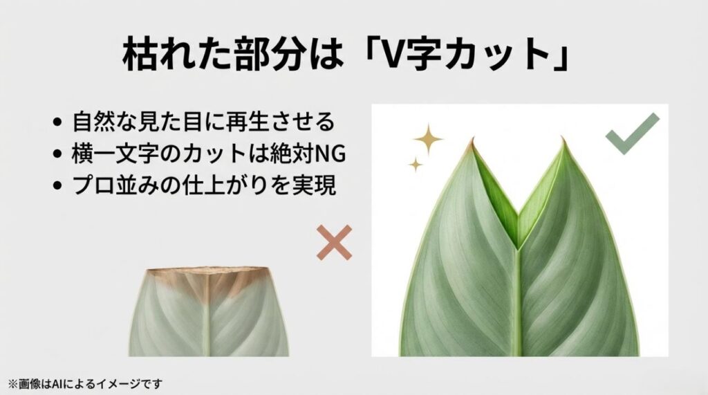 ポニーテールの葉先を自然に見せるV字カットと、不自然に見えてしまう横一文字カットの仕上がりを比較した画像