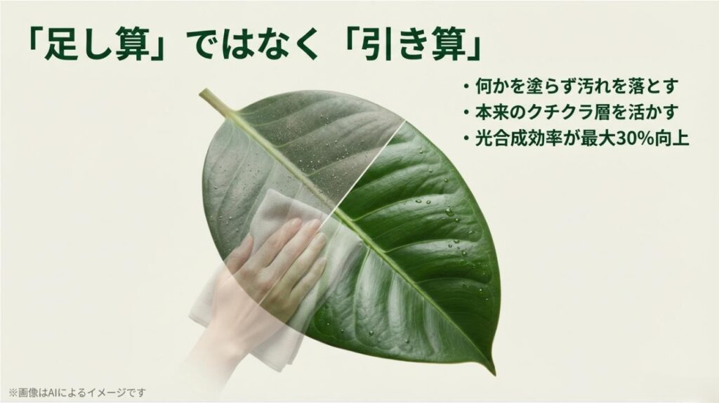 何かを塗るのではなく汚れを落とすことで光合成効率が最大30%向上することを説明したスライド