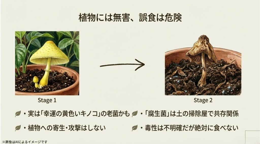 鮮やかな黄色のキノコ(Stage 1)が、枯れて茶色く萎れた姿(Stage 2)に変わる比較イラスト