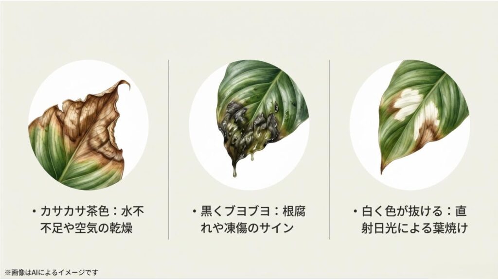 乾燥によるカサカサの茶色、過湿による黒いブヨブヨ、直射日光による白い葉焼けの3パターンの比較イラスト