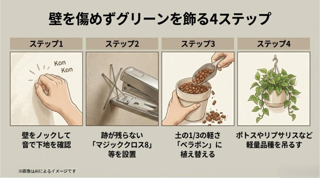 下地確認、フック設置、植え替え、吊り下げまでを4段階のイラストで解説したワークフロースライド