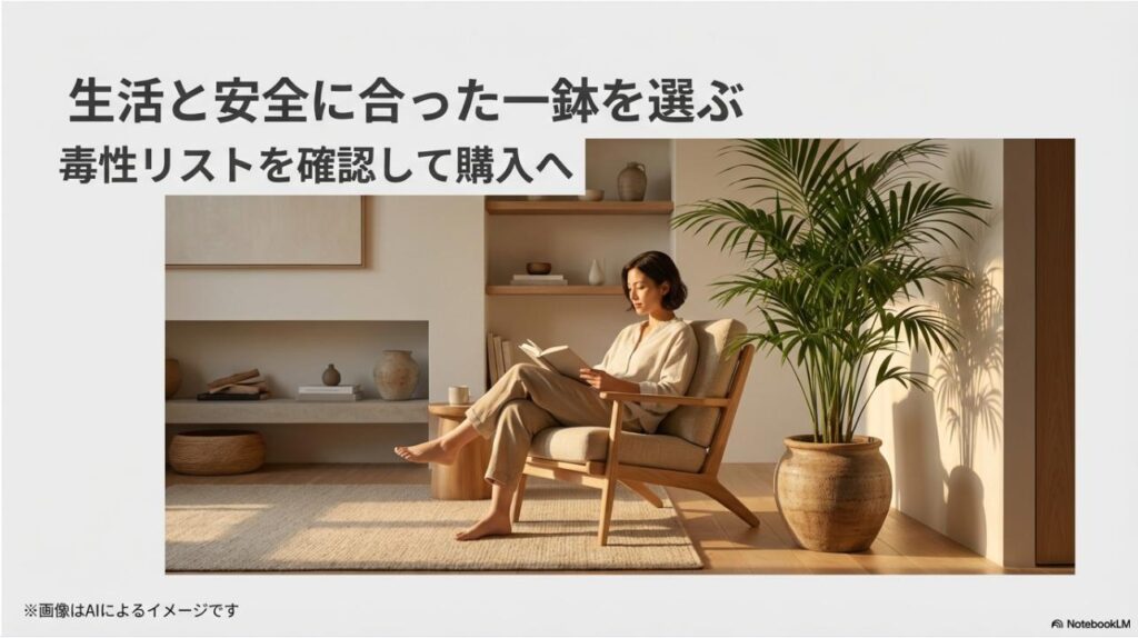 部屋の雰囲気と安全性を考慮して選んだ観葉植物と共に、リラックスした時間を過ごすイメージスライド