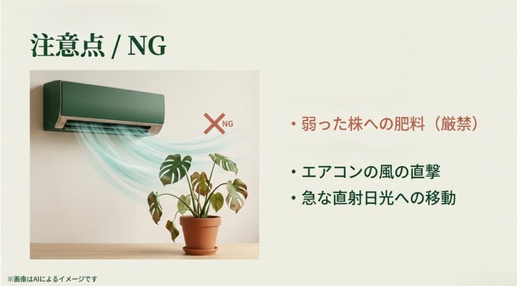 エアコンの風が直接当たって弱る植物のイラストと、肥料や直射日光などの禁止事項を記したスライド。