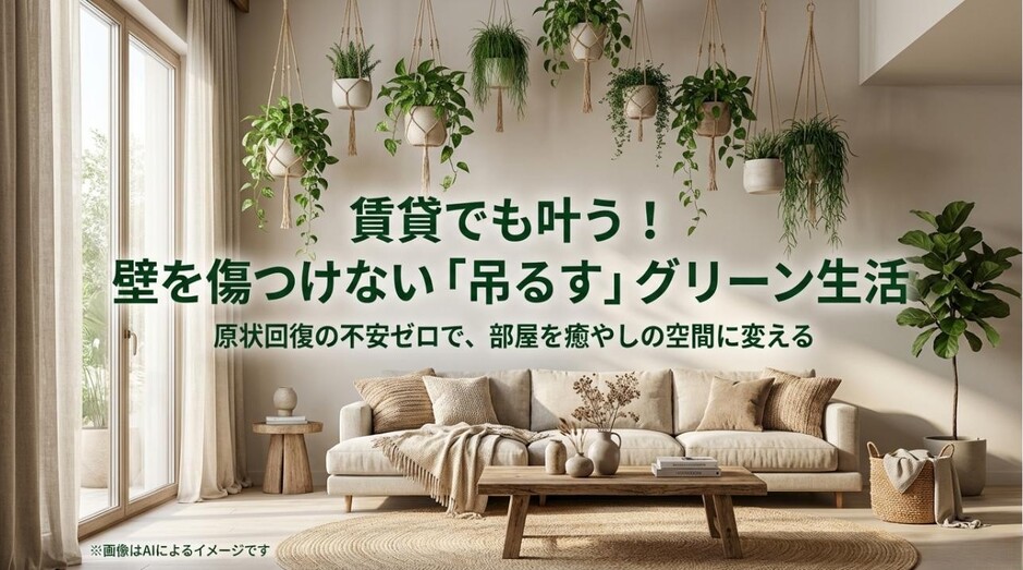 賃貸住宅の白い壁に、穴を開けずに観葉植物をおしゃれにハンギングしているイメージ画像と記事タイトル