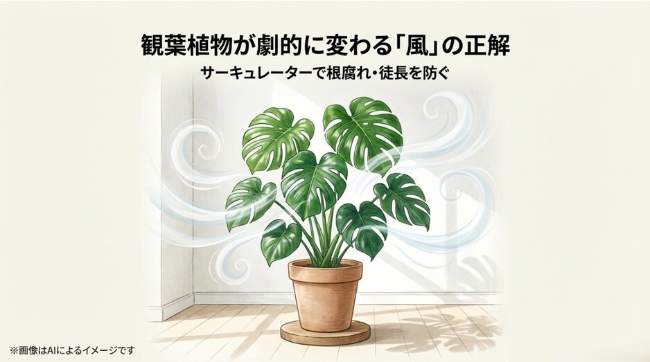 モンステラの鉢植えに心地よい風が流れているイラストと、サーキュレーター活用の重要性を示すタイトル画像