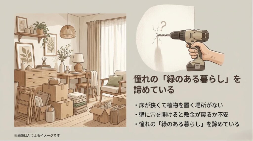 床のスペース不足や退去時の原状回復への不安など、観葉植物を置くのを迷っている様子のイラストスライド