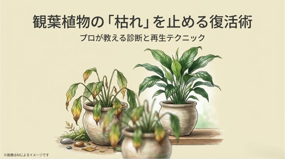 元気のない観葉植物がプロの技術で青々と復活するイメージを比較したアイキャッチ画像