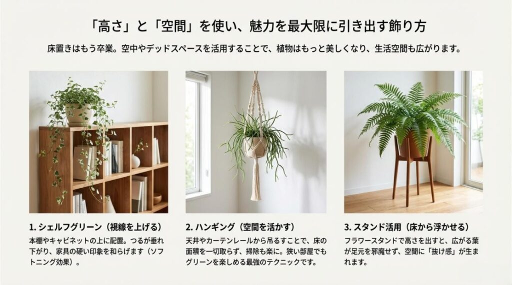 シェルフグリーン、ハンギング、スタンド活用など、高さを活かして空間を広く使う飾り方のイラスト解説
