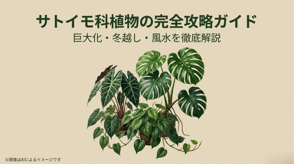 サトイモ科植物の育て方を網羅した完全攻略ガイドのスライド。モンステラのイラストと共に「巨大化・冬越し・風水」の文字が記載。