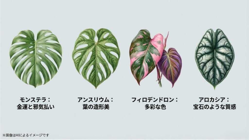 モンステラ、アンスリウム、フィロデンドロン、アロカシアの代表的な葉の形状と、それぞれの風水効果や特徴をまとめた比較スライド