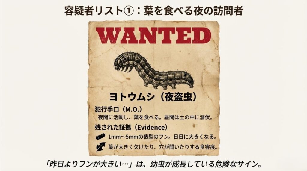 夜に活動するヨトウムシ(夜盗虫)のイラストと、大きくなるフンや葉の食害痕などの証拠をまとめた指名手配書風画像