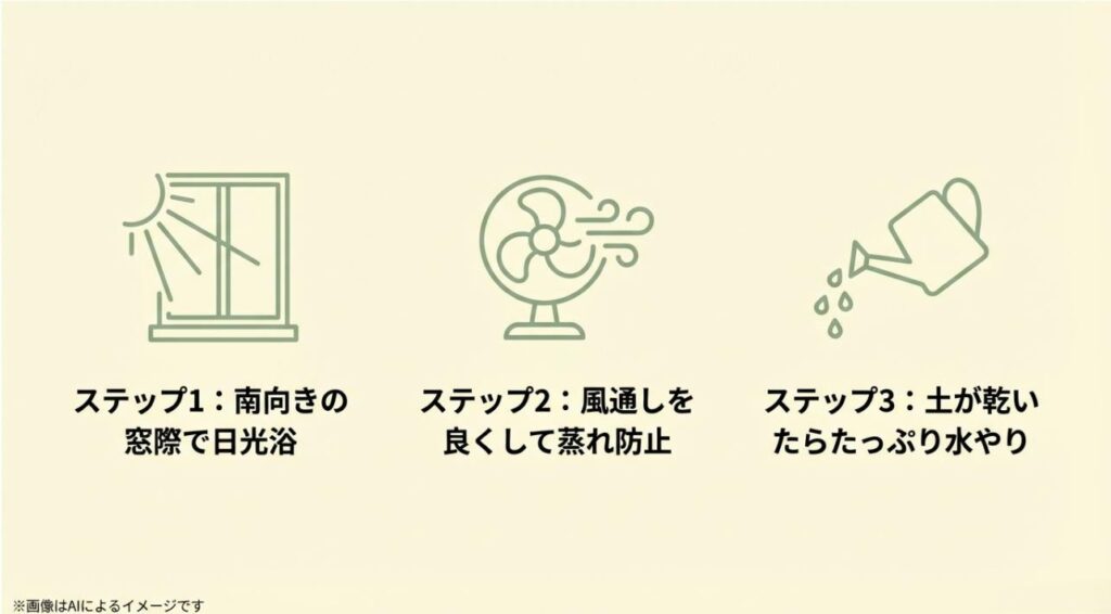南向きの窓際での日光浴、風通し、たっぷりとした水やりを示す3つのアイコン