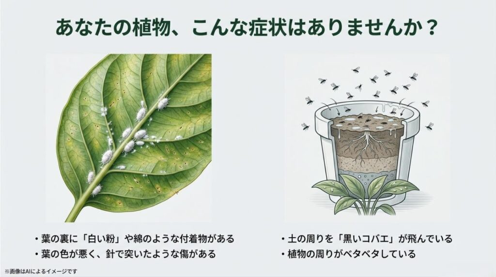 葉の裏の白い粉や土の周りのコバエなど、虫がいるときに見られる代表的な4つの症状をまとめたスライド