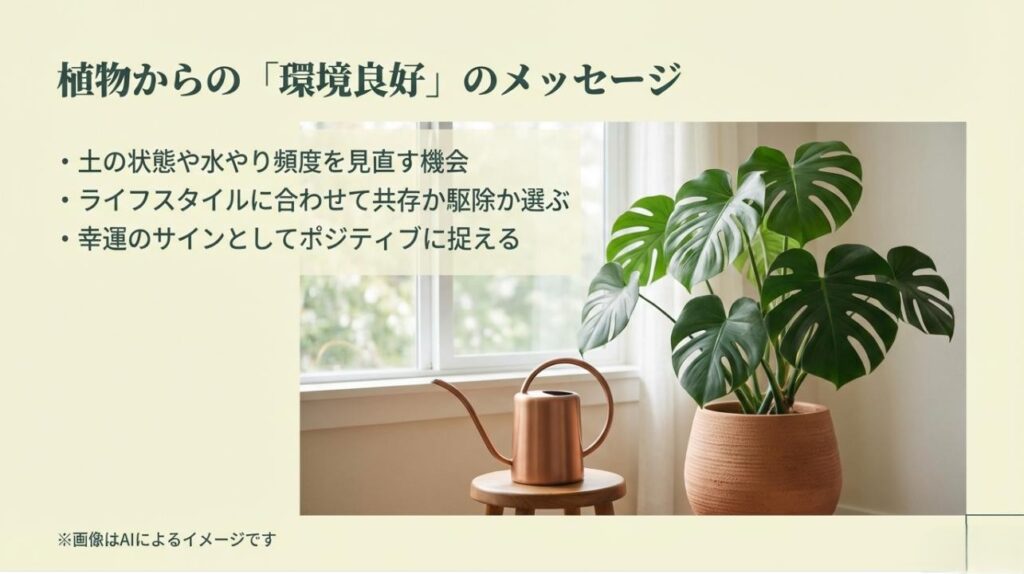 幸運のサインとしてポジティブに捉え、水やり頻度の見直しや共存・駆除の選択を提案するまとめのスライド