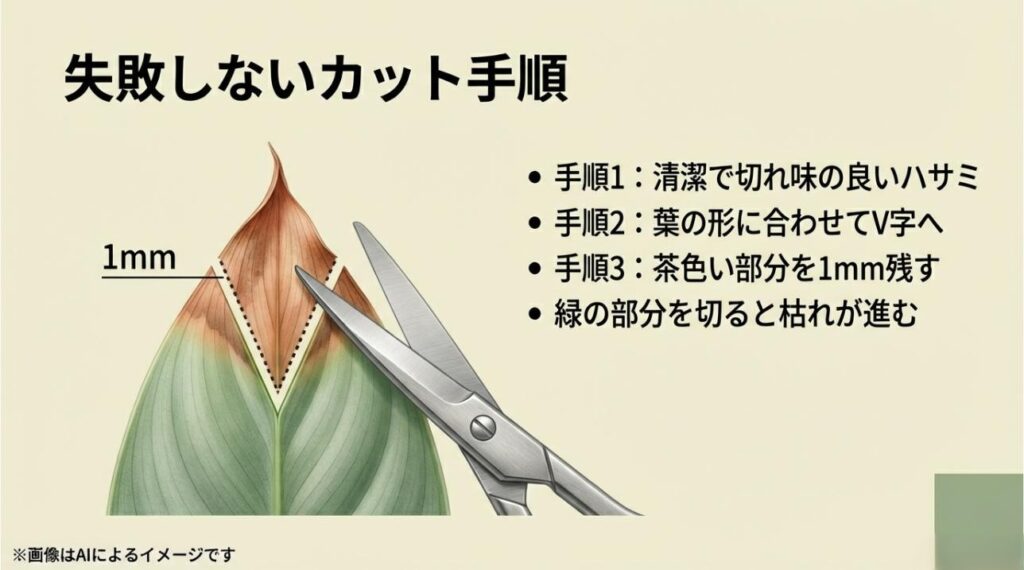 清潔なハサミを使い、茶色い部分を1mm残してV字にカットする正しい手順の図解
