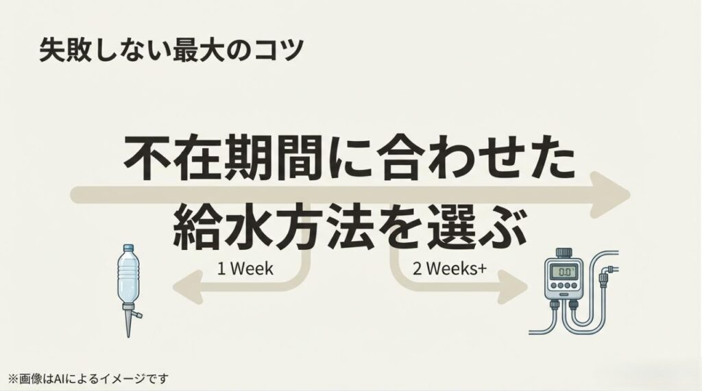 1週間、2週間以上の期間に合わせて給水方法を選ぶべきであることを示す、自動給水器のイラスト