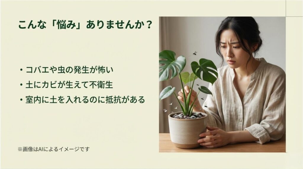 観葉植物に湧くコバエに悩む女性のイラストと、虫の発生、カビ、室内に土を入れる抵抗感などの悩みをリストアップしたスライド