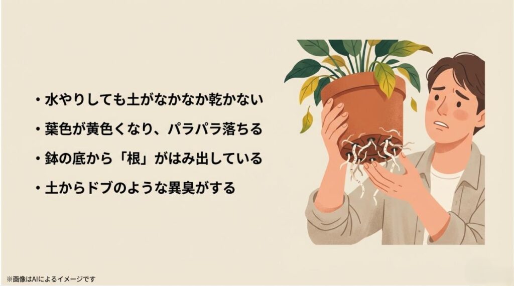 鉢底から出た根を確認する男性と、水はけの悪化、葉の変色、異臭などのサインをまとめた図解