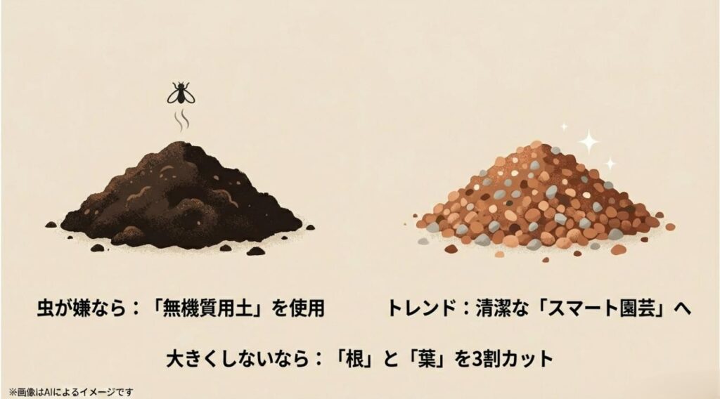 土の山とコバエのシルエット、清潔な園芸スタイルや根と葉のカットによるサイズ調整の提案