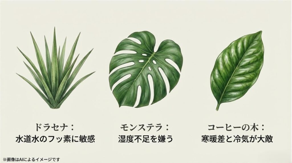 水道水の成分、湿度、寒暖差など、植物の種類ごとに注意すべきダメージの原因をまとめたイラスト