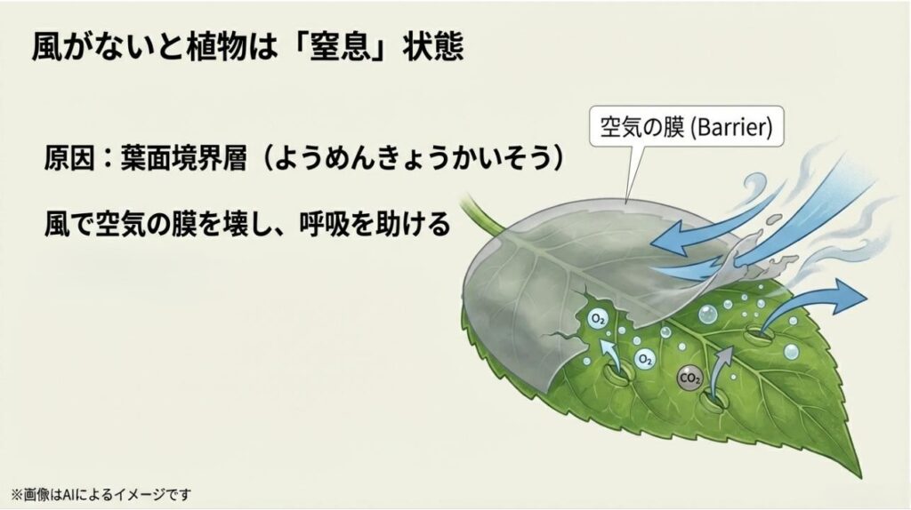 葉の表面に溜まる空気の膜(バリア)を風で取り除くことで、二酸化炭素の吸収と呼吸をスムーズにする仕組みのイメージ図