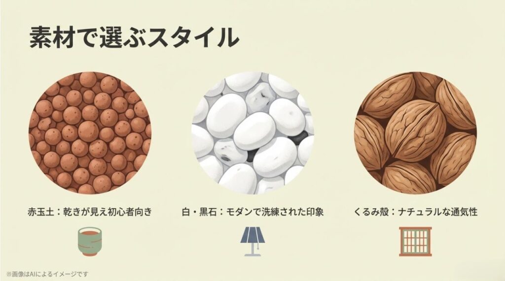 赤玉土、モノトーンの石、くるみの殻など、素材別の見た目と特徴をまとめた比較図