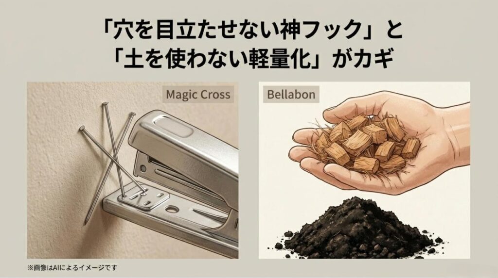 跡が残りにくいクロピンフックと、土の代わりに使える軽いヤシの実チップ「ベラボン」の紹介スライド