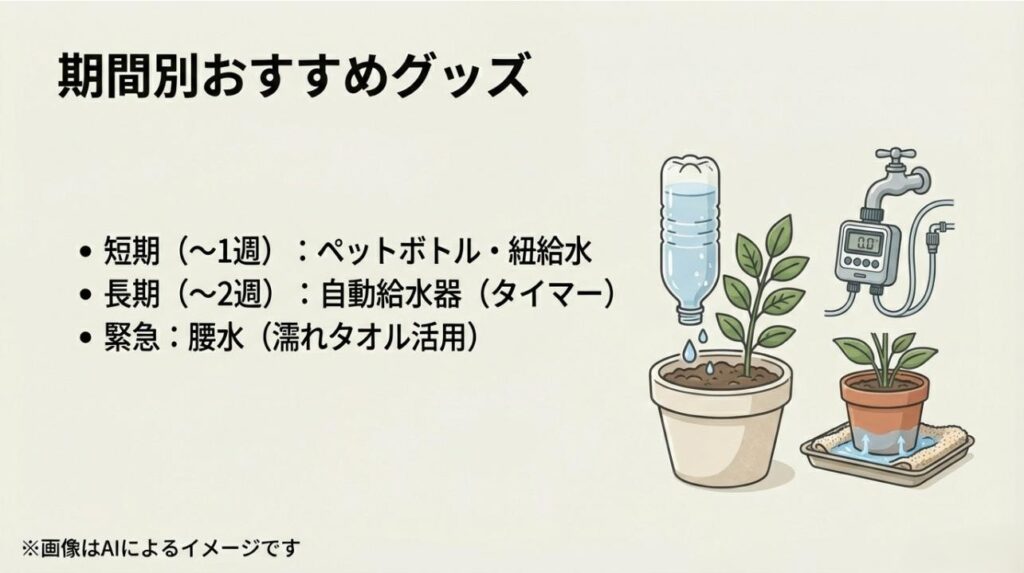 ペットボトル給水、自動給水器、腰水（濡れタオル）の3つの方法をイラストで比較したガイド