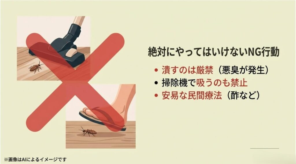 虫を掃除機で吸うことやスリッパで潰すことに大きな赤いバツ印がつけられた、注意喚起のスライド