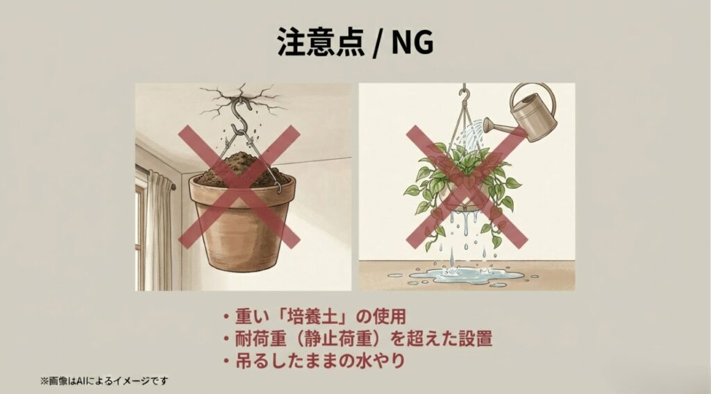 重い土の使用、耐荷重オーバー、吊るしたままの水やりなど、避けるべき行動をバツ印で示した警告スライド