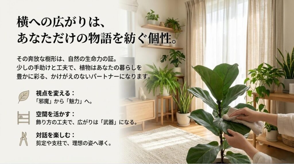 邪魔から魅力へ視点を変え、剪定や対話を通して植物との暮らしを楽しむためのまとめメッセージ