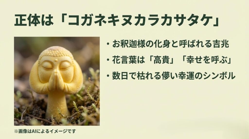 お釈迦様のような形をした黄色いきのこのイラストと、高貴・幸せを呼ぶという花言葉を解説したスライド
