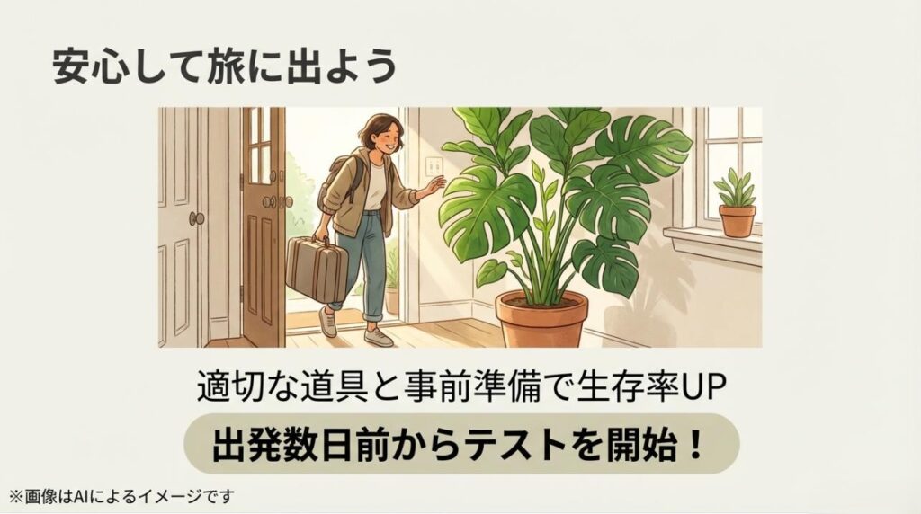 帰宅した女性が元気なモンステラを見て笑顔になっているイラスト。「適切な道具と準備で生存率アップ」というメッセージ