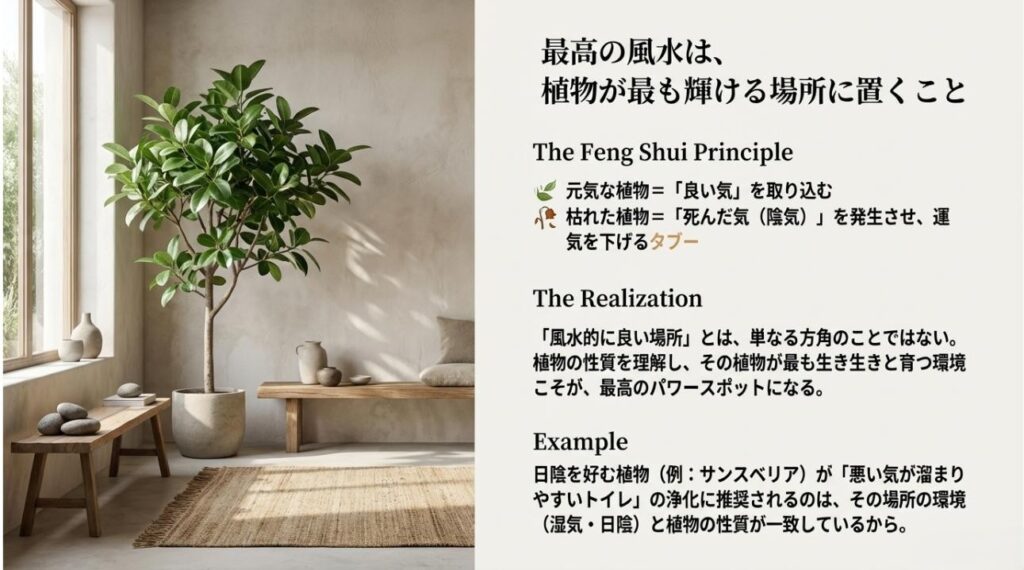 元気な植物が良い気を取り込み、枯れた植物が運気を下げるという風水の原則と、環境に合わせた配置の重要性