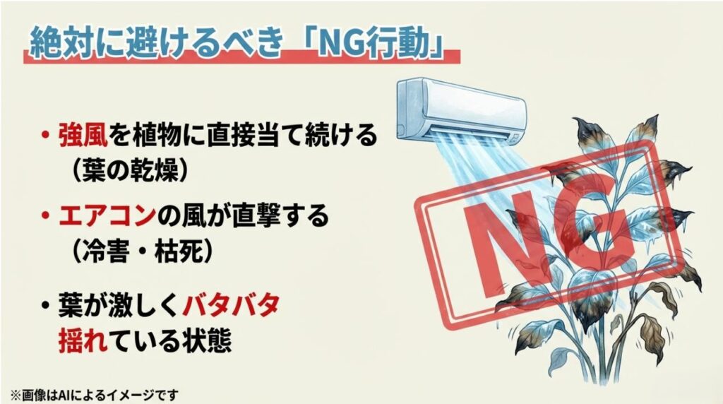 エアコンの風が直撃して葉が黒ずんだり、強風で乾燥して枯死したりするリスクを警告するイメージ