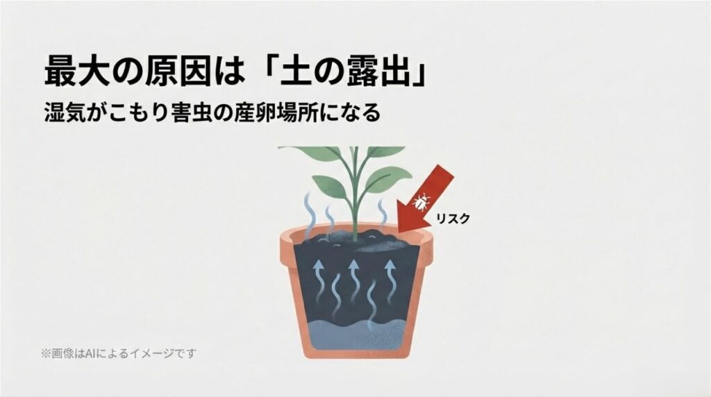 湿った土の表面が害虫の産卵場所になり、リスクが生じている様子を示すイラスト