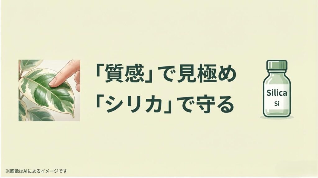 指で葉をこすって白い粉の有無を確認する様子と、植物を保護するシリカ剤のイメージ