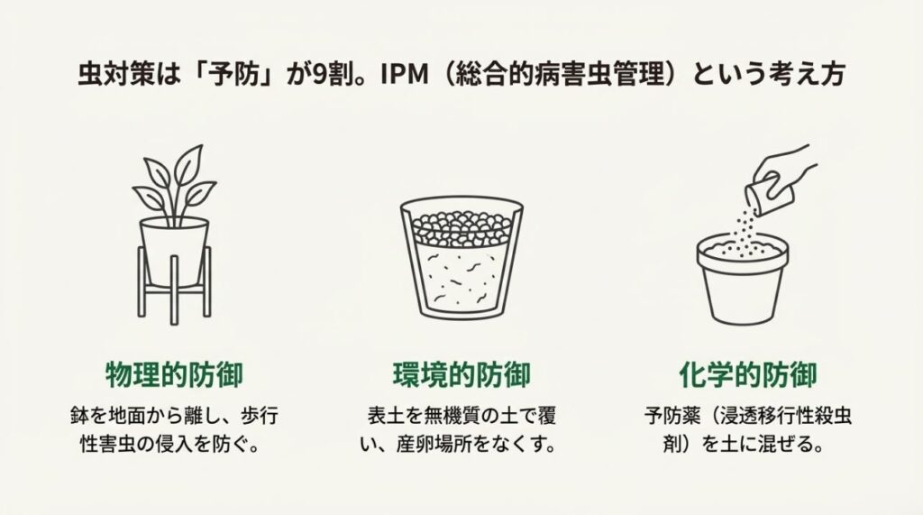 鉢を地面から離す物理的防御、無機質の土を使う環境的防御、薬剤を使う化学的防御のイラスト解説