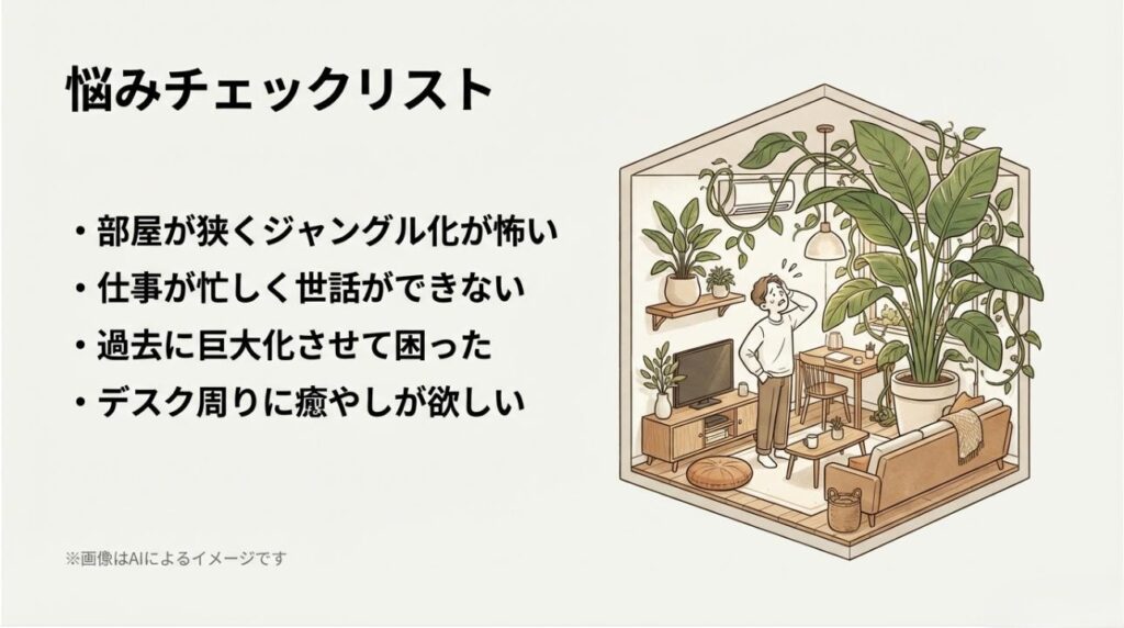 狭い部屋で巨大化した植物に困惑する人のイラストと、ジャングル化が怖い・世話ができないなどの悩みリスト