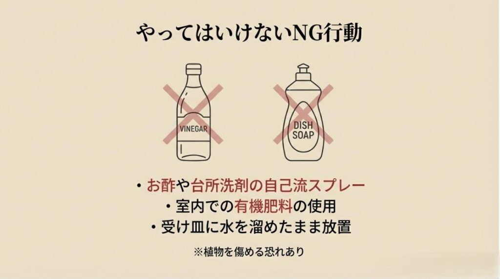お酢や台所洗剤を薄めた自作スプレー、室内での有機肥料使用など、植物に悪影響を及ぼす恐れがあるNG行動の注意喚起
