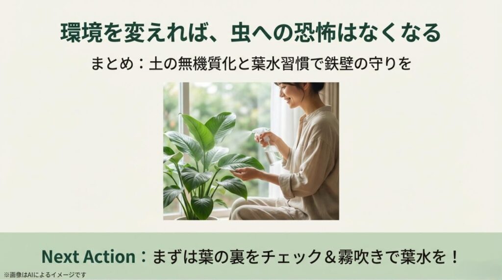 無機質化と葉水の習慣化を推奨し、次のアクションとして葉裏チェックと葉水を提案するまとめスライド